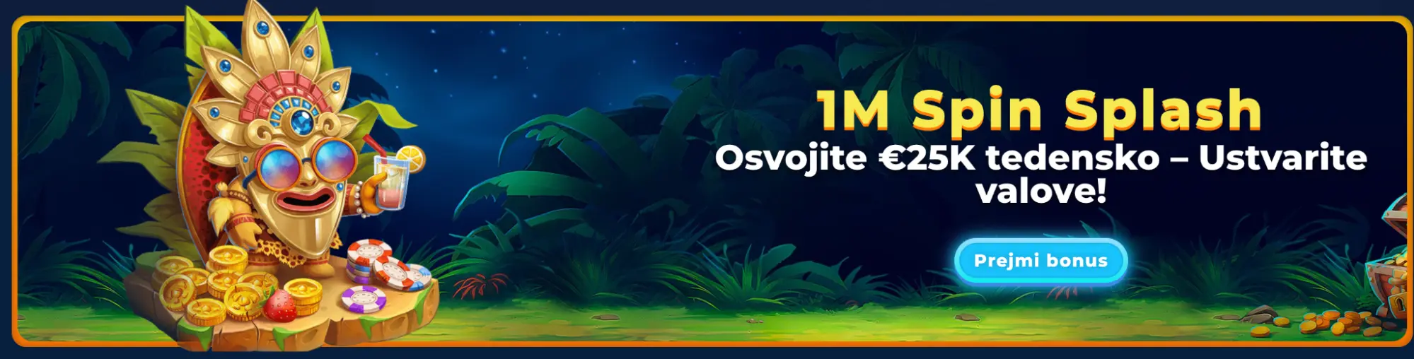 1M Spin Splash promocija – Osvojite tedensko nagrado v vrednosti €25.000 Maskota z očali in koktajlom sedi med zlatniki in žetoni v džungli, z napisom o tedenski nagradi €25K